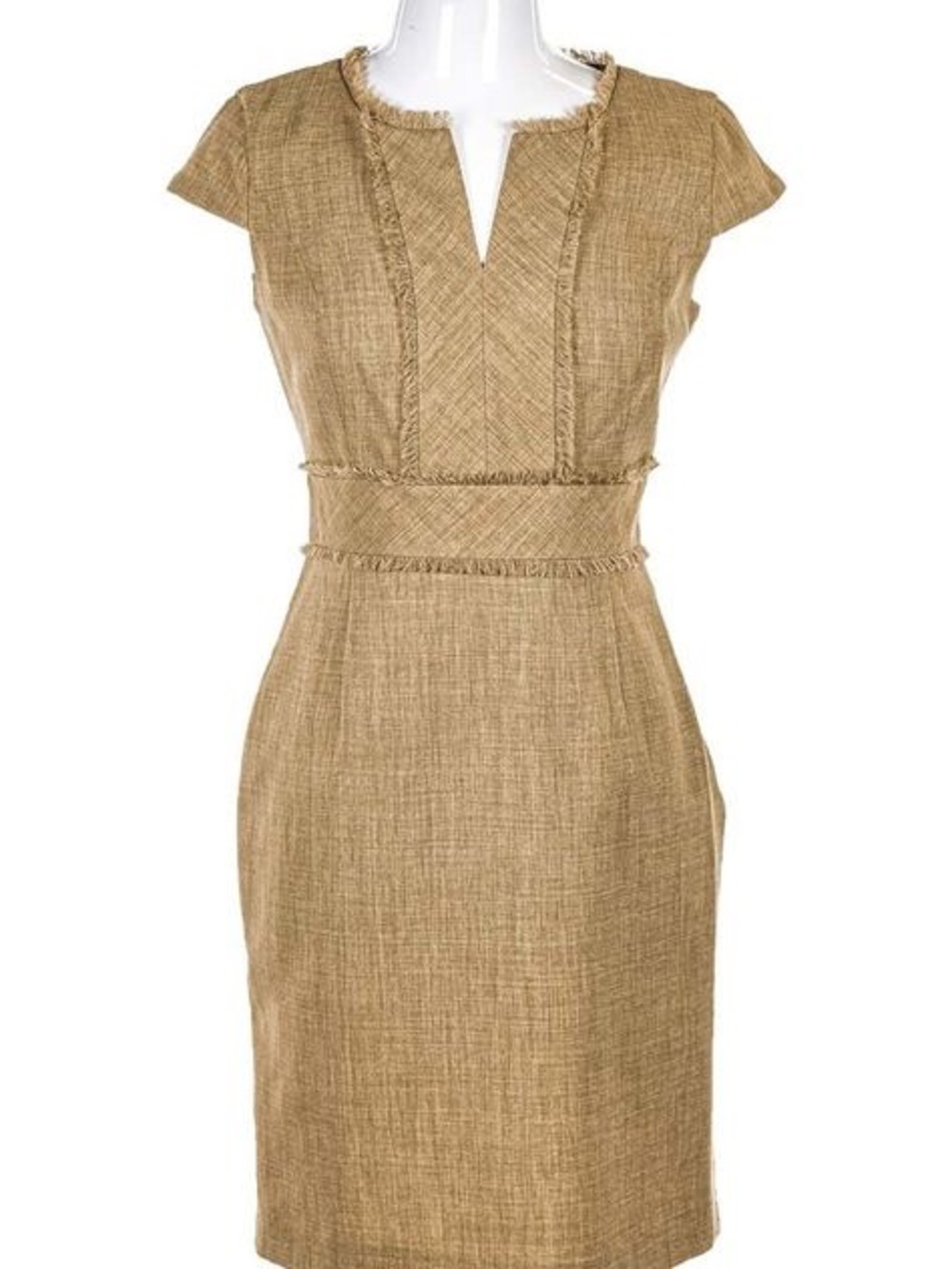 Ellen Tracy Tan Tweed Sheath Dress 8 Leopard Print Lining Fringed Trim Neutral